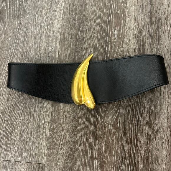 Vintage Donna Karan New York Black Leather Waist Belt Med Gold Sculptural Buckle - Picture 2 of 15